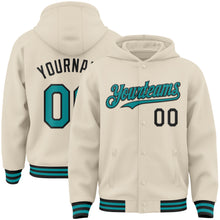 Charger l&#39;image dans la galerie, Custom Cream Teal-Black Bomber Full-Snap Varsity Letterman Hoodie Jacket
