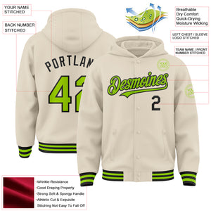 Custom Cream Neon Green-Black Bomber Full-Snap Varsity Letterman Hoodie Jacket