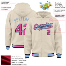 Charger l&#39;image dans la galerie, Custom Cream Pink Black-Light Blue Bomber Full-Snap Varsity Letterman Hoodie Jacket
