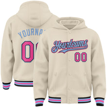 Charger l&#39;image dans la galerie, Custom Cream Pink Black-Light Blue Bomber Full-Snap Varsity Letterman Hoodie Jacket
