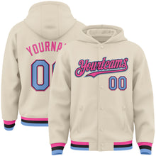 Charger l&#39;image dans la galerie, Custom Cream Light Blue Black-Pink Bomber Full-Snap Varsity Letterman Hoodie Jacket
