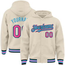 Charger l&#39;image dans la galerie, Custom Cream Pink Black-Sky Blue Bomber Full-Snap Varsity Letterman Hoodie Jacket
