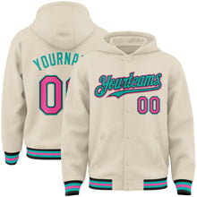 Charger l&#39;image dans la galerie, Custom Cream Pink Black-Aqua Bomber Full-Snap Varsity Letterman Hoodie Jacket
