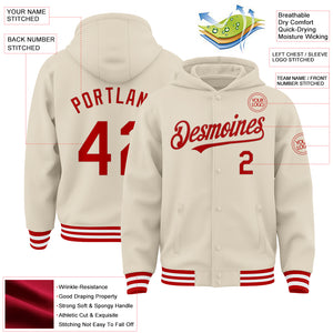 Custom Cream Red-White Bomber Full-Snap Varsity Letterman Hoodie Jacket