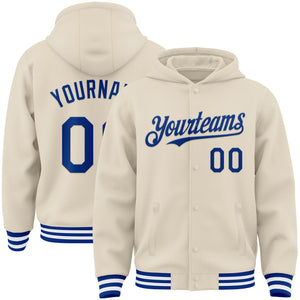 Custom Cream Royal-White Bomber Full-Snap Varsity Letterman Hoodie Jacket