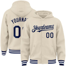 Charger l&#39;image dans la galerie, Custom Cream Navy-White Bomber Full-Snap Varsity Letterman Hoodie Jacket
