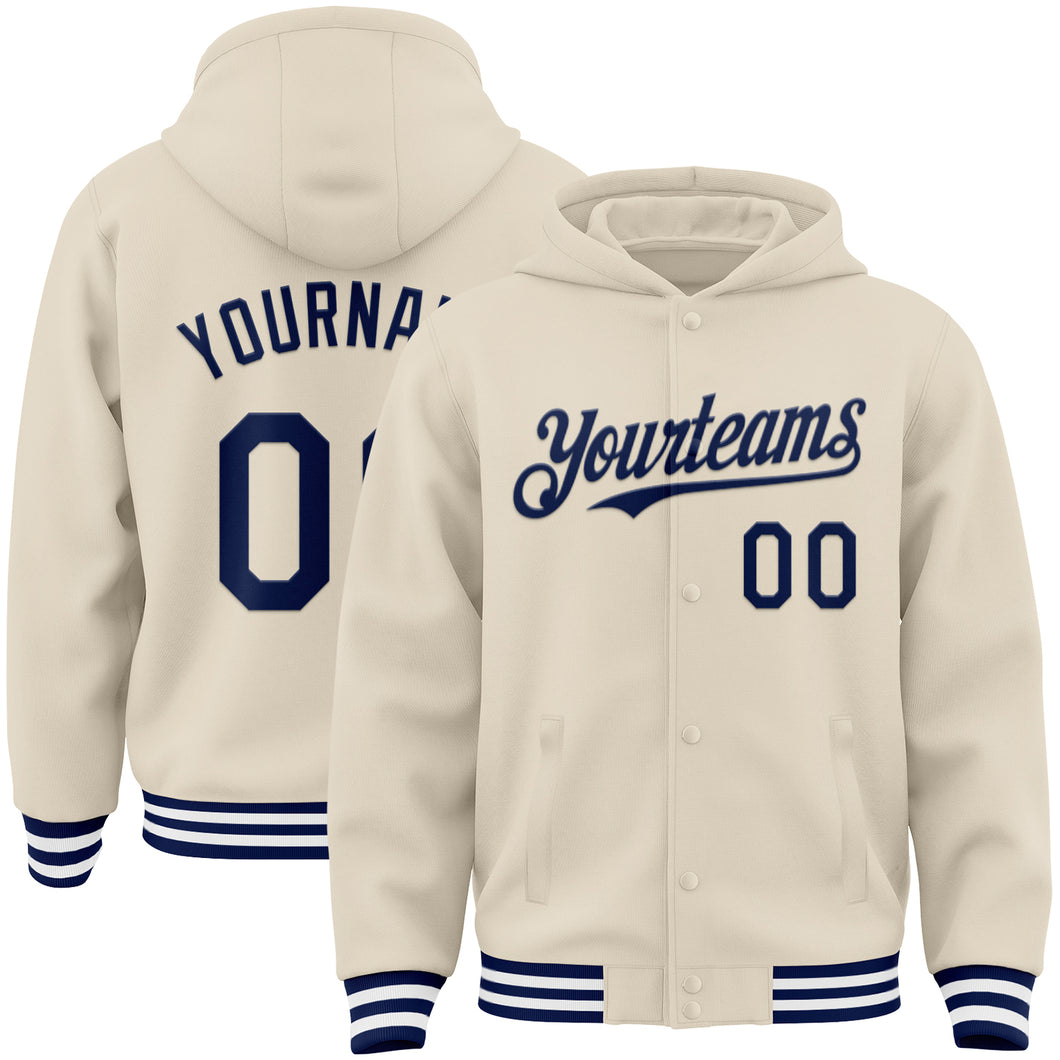 Custom Cream Navy-White Bomber Full-Snap Varsity Letterman Hoodie Jacket