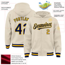 Charger l&#39;image dans la galerie, Custom Cream Navy-Gold Bomber Full-Snap Varsity Letterman Hoodie Jacket
