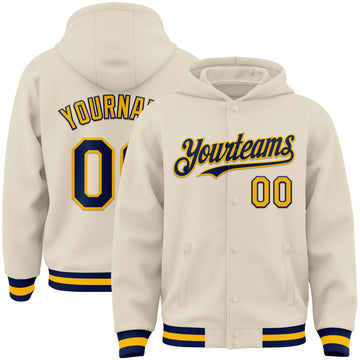 Custom Cream Navy-Gold Bomber Full-Snap Varsity Letterman Hoodie Jacket