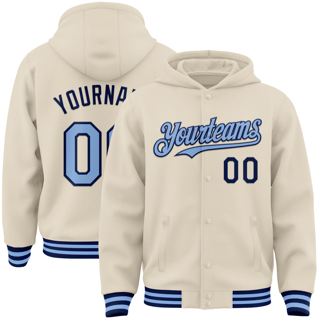 Custom Cream Light Blue-Navy Bomber Full-Snap Varsity Letterman Hoodie Jacket