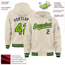 Charger l&#39;image dans la galerie, Custom Cream Neon Green-Navy Bomber Full-Snap Varsity Letterman Hoodie Jacket
