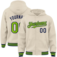 Charger l&#39;image dans la galerie, Custom Cream Neon Green-Navy Bomber Full-Snap Varsity Letterman Hoodie Jacket
