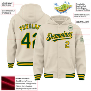 Custom Cream Green-Gold Bomber Full-Snap Varsity Letterman Hoodie Jacket