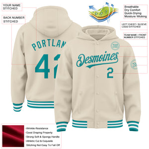 Custom Cream Teal-White Bomber Full-Snap Varsity Letterman Hoodie Jacket