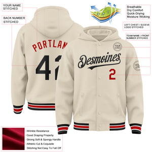 Custom Cream Black Red-White Bomber Full-Snap Varsity Letterman Hoodie Jacket