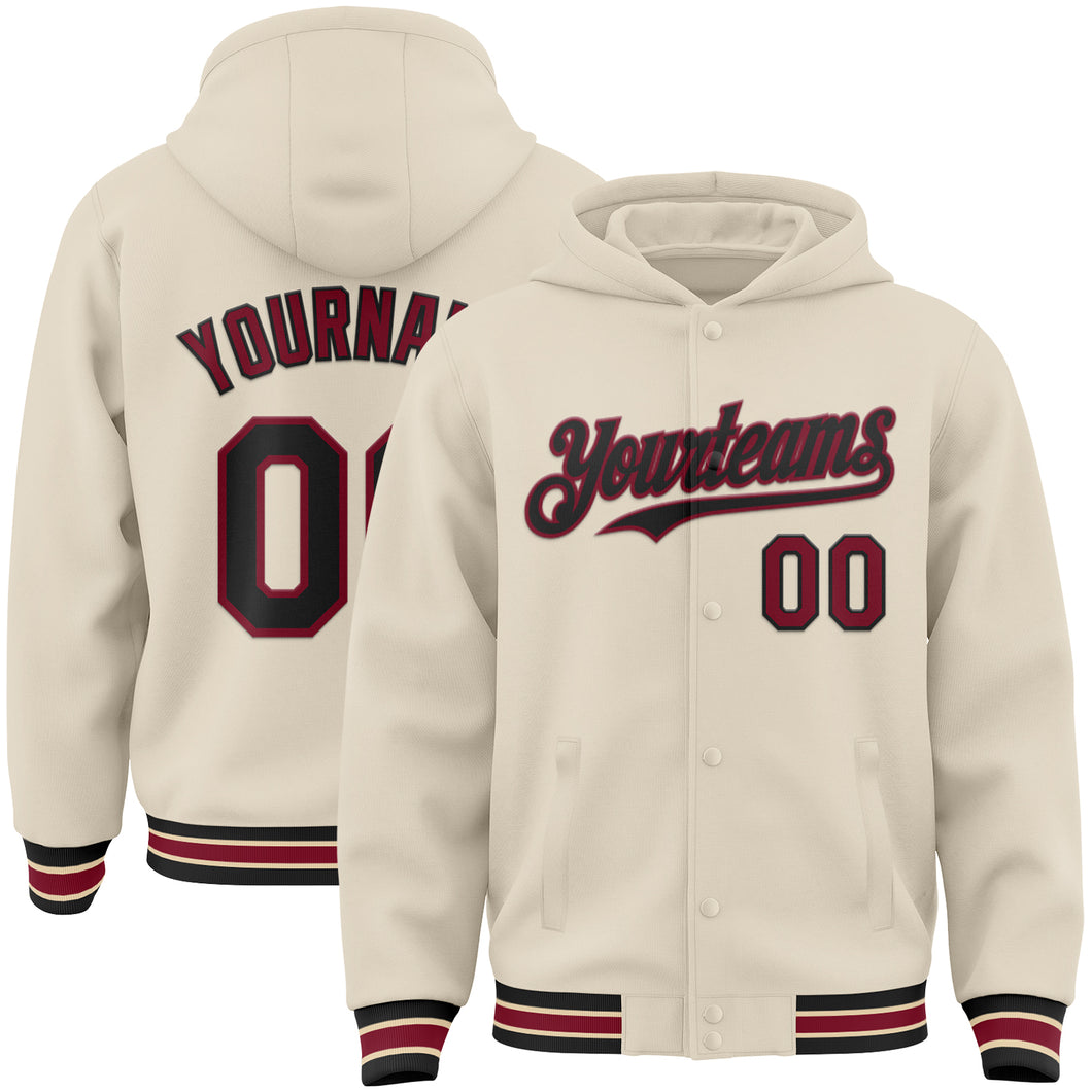 Custom Cream Black Crimson-City Cream Bomber Full-Snap Varsity Letterman Hoodie Jacket