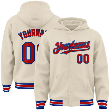 Custom Cream Red Royal-White Bomber Full-Snap Varsity Letterman Hoodie Jacket