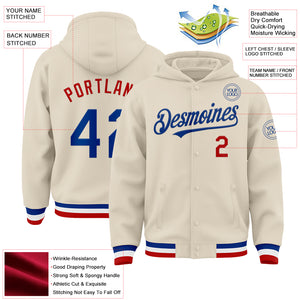 Custom Cream Royal Red-White Bomber Full-Snap Varsity Letterman Hoodie Jacket