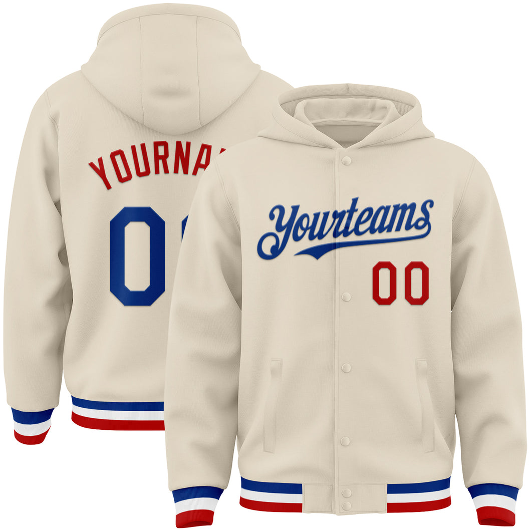 Custom Cream Royal Red-White Bomber Full-Snap Varsity Letterman Hoodie Jacket