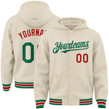 Charger l&#39;image dans la galerie, Custom Cream Kelly Green Red-White Bomber Full-Snap Varsity Letterman Hoodie Jacket
