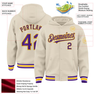 Custom Cream Purple Gold-White Bomber Full-Snap Varsity Letterman Hoodie Jacket