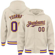 Charger l&#39;image dans la galerie, Custom Cream Purple Gold-White Bomber Full-Snap Varsity Letterman Hoodie Jacket
