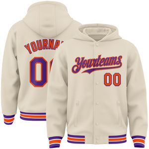 Custom Cream Purple Orange-White Bomber Full-Snap Varsity Letterman Hoodie Jacket