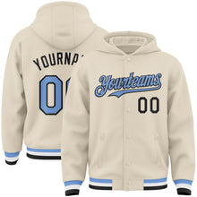 Charger l&#39;image dans la galerie, Custom Cream Light Blue Black-White Bomber Full-Snap Varsity Letterman Hoodie Jacket
