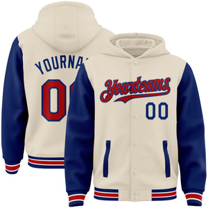 Custom Cream Red Royal-White Bomber Full-Snap Varsity Letterman Two Tone Hoodie Jacket