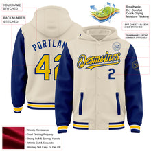 Charger l&#39;image dans la galerie, Custom Cream Yellow Royal-White Bomber Full-Snap Varsity Letterman Two Tone Hoodie Jacket
