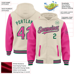 Custom Cream Pink-Kelly Green Bomber Full-Snap Varsity Letterman Two Tone Hoodie Jacket