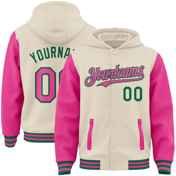 Custom Cream Pink-Kelly Green Bomber Full-Snap Varsity Letterman Two Tone Hoodie Jacket