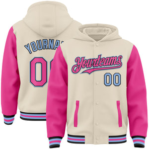 Custom Cream Pink Black-Light Blue Bomber Full-Snap Varsity Letterman Two Tone Hoodie Jacket