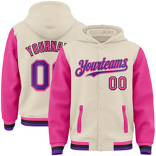 Charger l&#39;image dans la galerie, Custom Cream Purple Pink-Black Bomber Full-Snap Varsity Letterman Two Tone Hoodie Jacket
