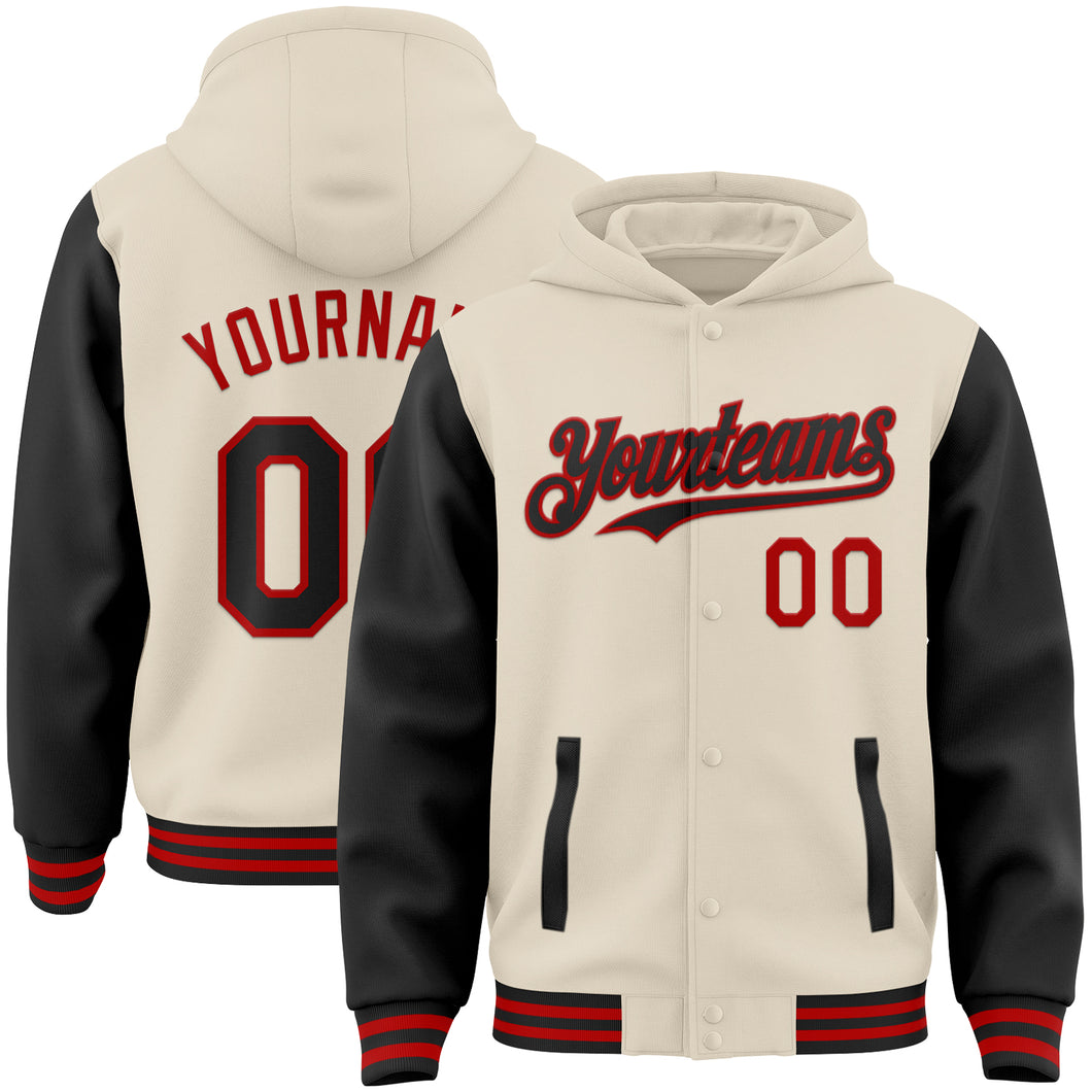 Custom Cream Black-Red Bomber Full-Snap Varsity Letterman Two Tone Hoodie Jacket