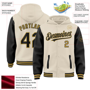 Custom Cream Black-Old Gold Bomber Full-Snap Varsity Letterman Two Tone Hoodie Jacket