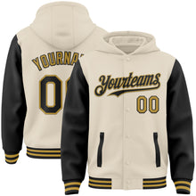 Charger l&#39;image dans la galerie, Custom Cream Black-Old Gold Bomber Full-Snap Varsity Letterman Two Tone Hoodie Jacket
