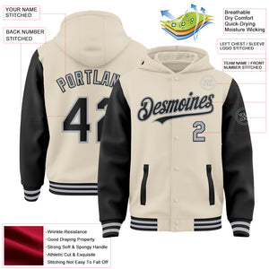 Custom Cream Black-Gray Bomber Full-Snap Varsity Letterman Two Tone Hoodie Jacket