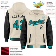 Charger l&#39;image dans la galerie, Custom Cream Teal-Black Bomber Full-Snap Varsity Letterman Two Tone Hoodie Jacket
