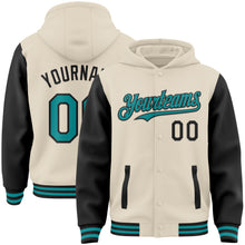 Charger l&#39;image dans la galerie, Custom Cream Teal-Black Bomber Full-Snap Varsity Letterman Two Tone Hoodie Jacket
