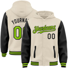 Charger l&#39;image dans la galerie, Custom Cream Neon Green-Black Bomber Full-Snap Varsity Letterman Two Tone Hoodie Jacket
