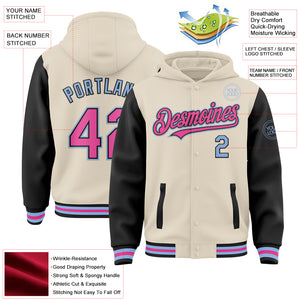 Custom Cream Pink Black-Light Blue Bomber Full-Snap Varsity Letterman Two Tone Hoodie Jacket