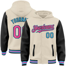 Charger l&#39;image dans la galerie, Custom Cream Pink Black-Sky Blue Bomber Full-Snap Varsity Letterman Two Tone Hoodie Jacket
