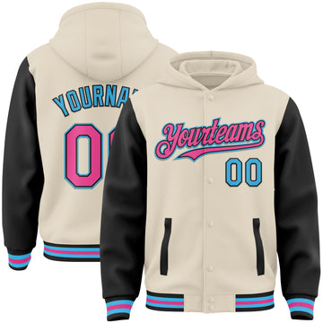 Custom Cream Pink Black-Sky Blue Bomber Full-Snap Varsity Letterman Two Tone Hoodie Jacket