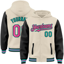 Charger l&#39;image dans la galerie, Custom Cream Pink Black-Aqua Bomber Full-Snap Varsity Letterman Two Tone Hoodie Jacket
