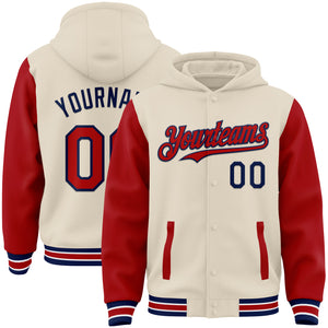 Custom Cream Red Navy-White Bomber Full-Snap Varsity Letterman Two Tone Hoodie Jacket