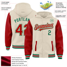 Charger l&#39;image dans la galerie, Custom Cream Red Kelly Green-White Bomber Full-Snap Varsity Letterman Two Tone Hoodie Jacket
