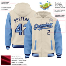 Charger l&#39;image dans la galerie, Custom Cream Light Blue-Navy Bomber Full-Snap Varsity Letterman Two Tone Hoodie Jacket
