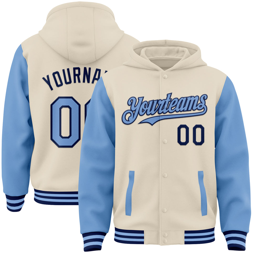 Custom Cream Light Blue-Navy Bomber Full-Snap Varsity Letterman Two Tone Hoodie Jacket