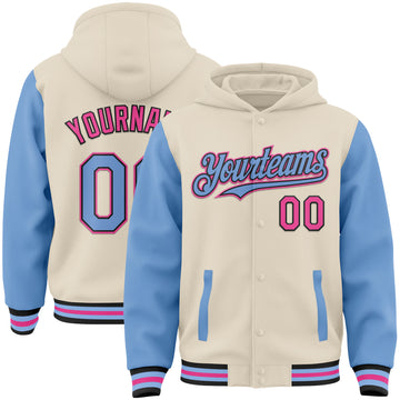 Custom Cream Light Blue Black-Pink Bomber Full-Snap Varsity Letterman Two Tone Hoodie Jacket